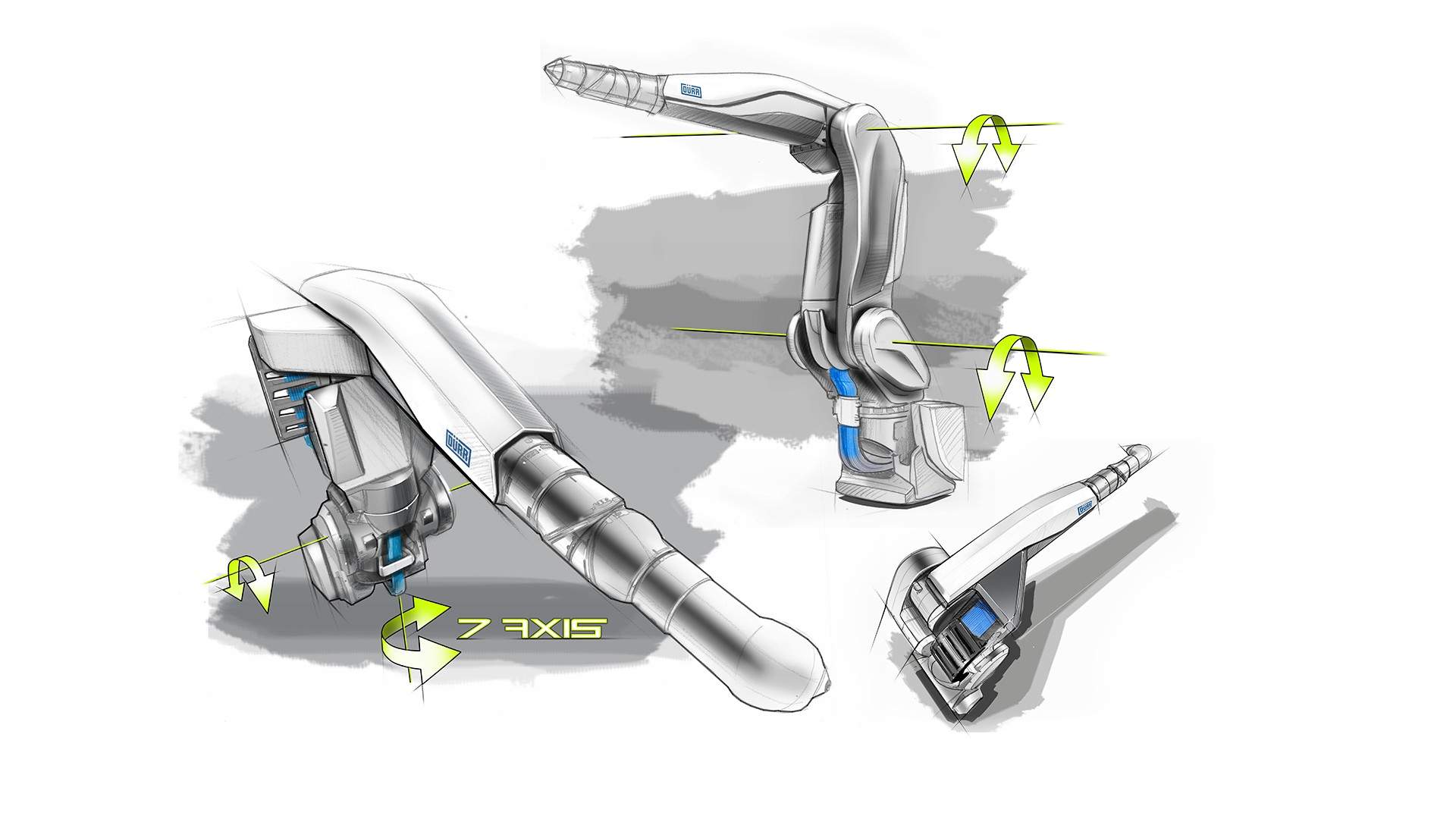 Designskizzen des Lackierroboters mit Bewegungsachsen