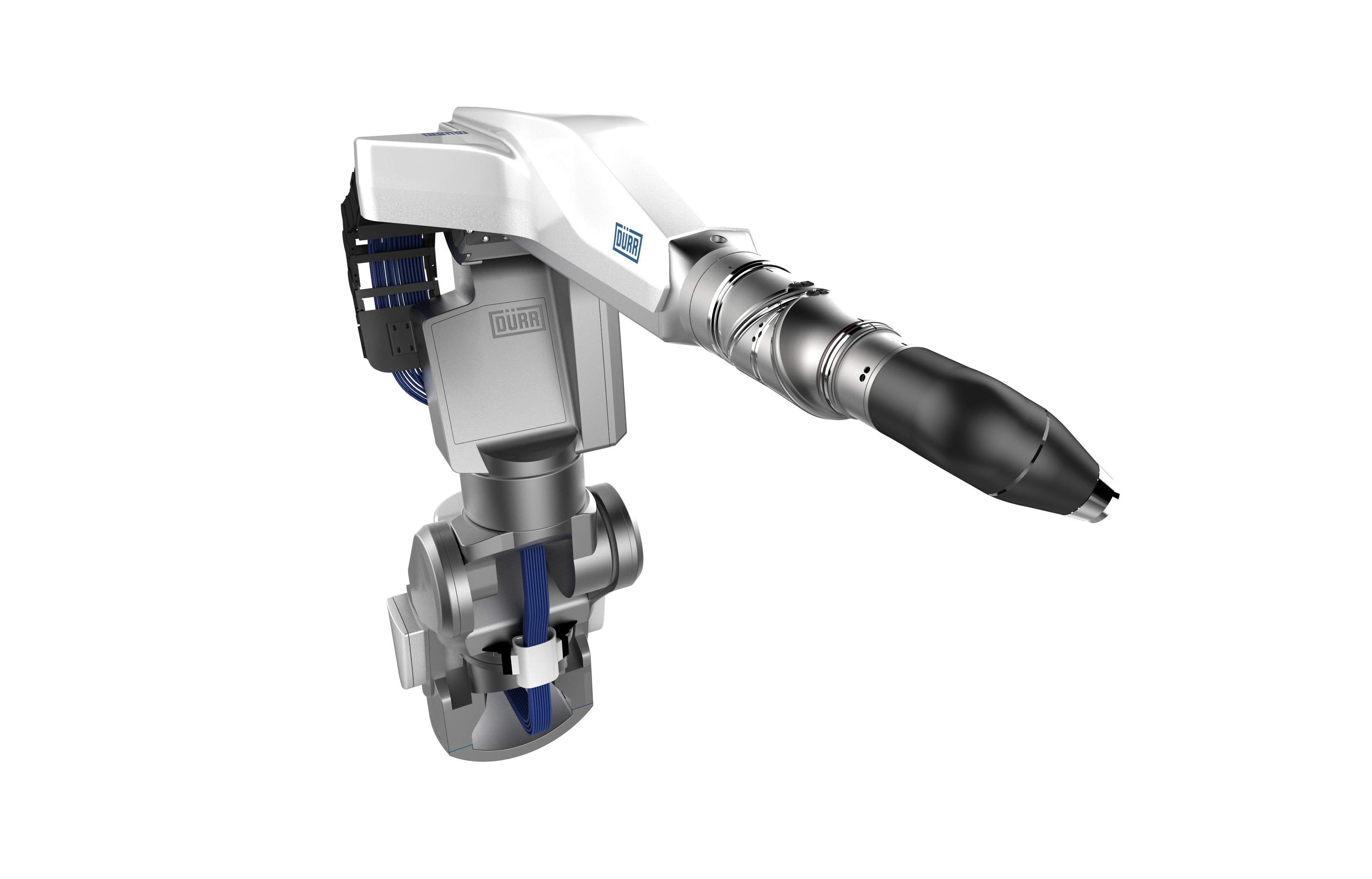 Rendering des 7-Achs-Lackierroboters von Dürr vor weißem Hintergrund
