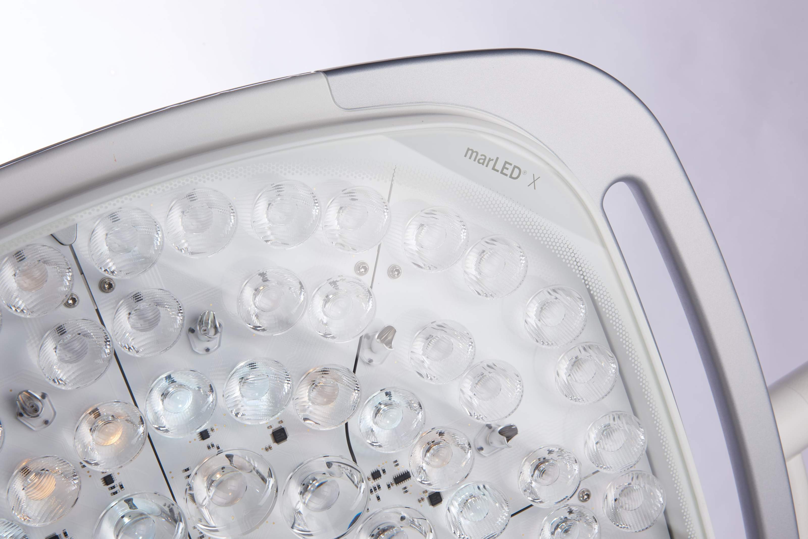 Close-up of the LED array inside the marLED X light head with the wordmark visible