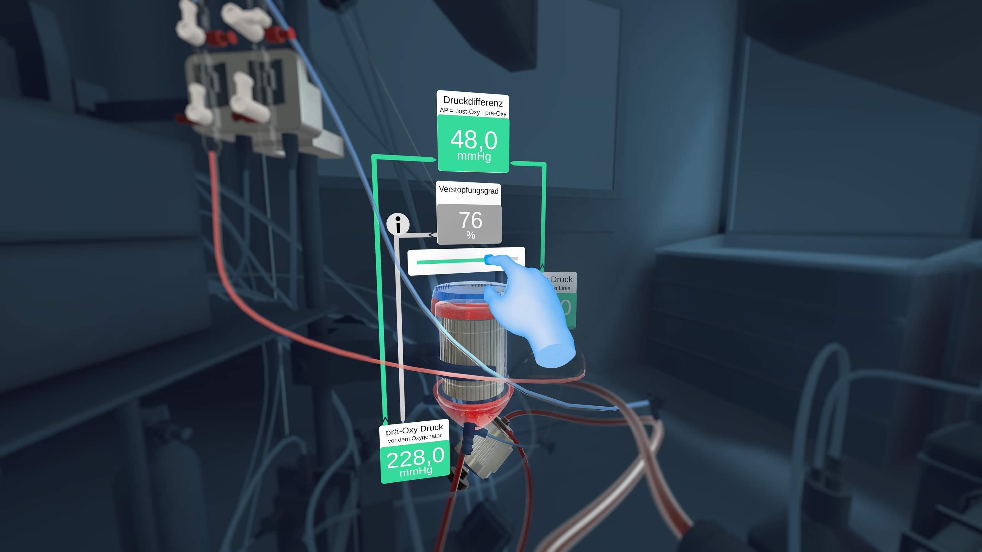 VR view showing pressure difference and clogging readings, operated by a gloved hand