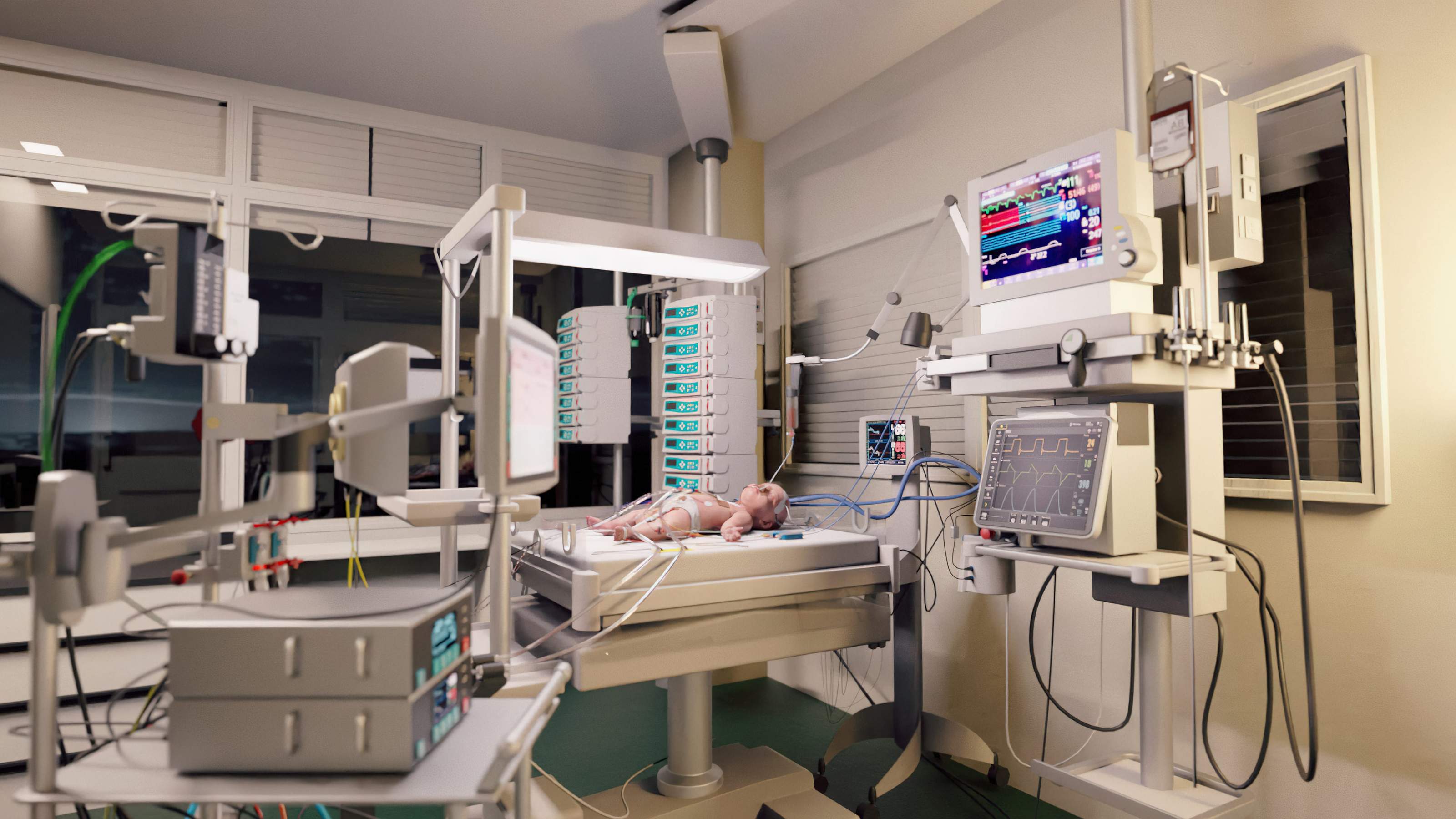 Photorealistic rendering of a virtual intensive care room with a newborn and medical equipment
