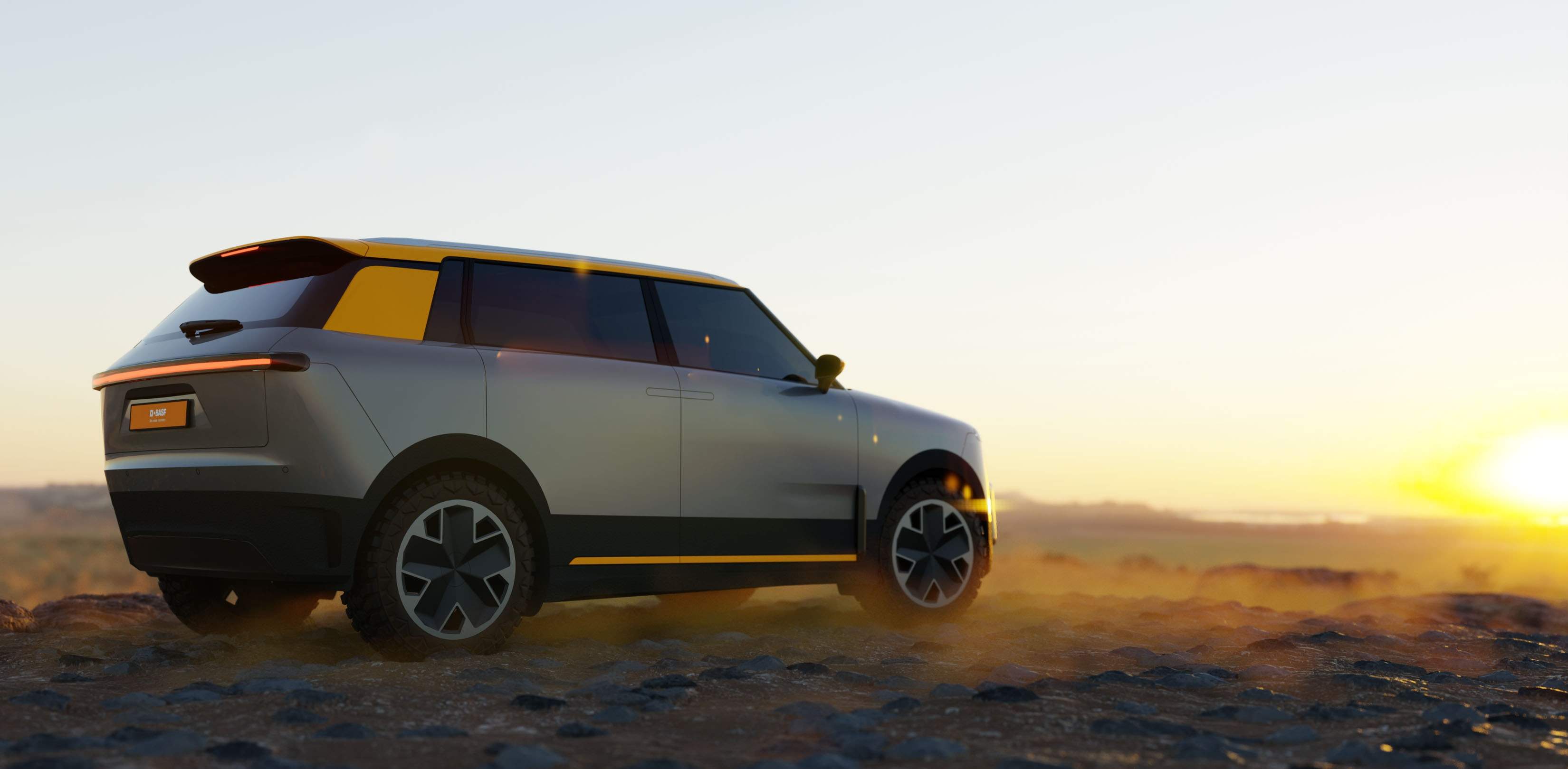 3D-Rendering der Heckansicht des BASF Virtual Car bei Sonnenuntergang