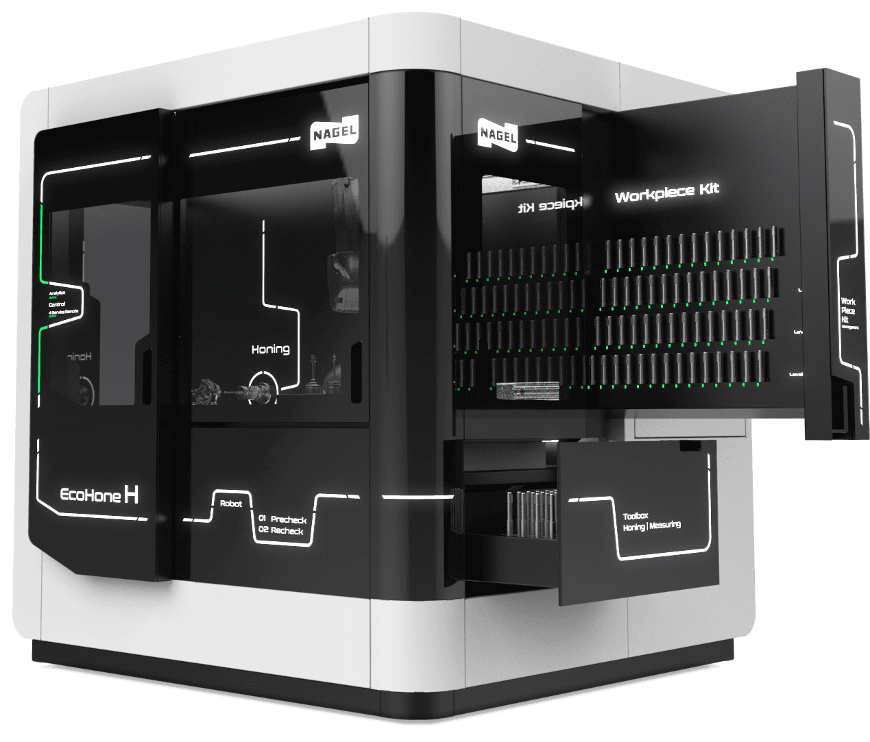 EcoHone H honing machine by Nagel Technologies with the workpiece kit pulled out and the tool drawer open