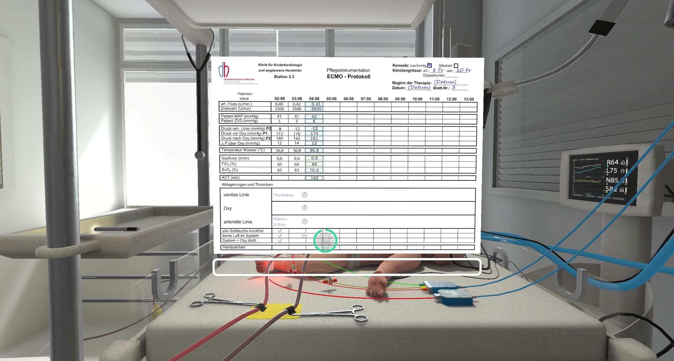 ECMO nursing documentation protocol shown as a checklist in the virtual patient room