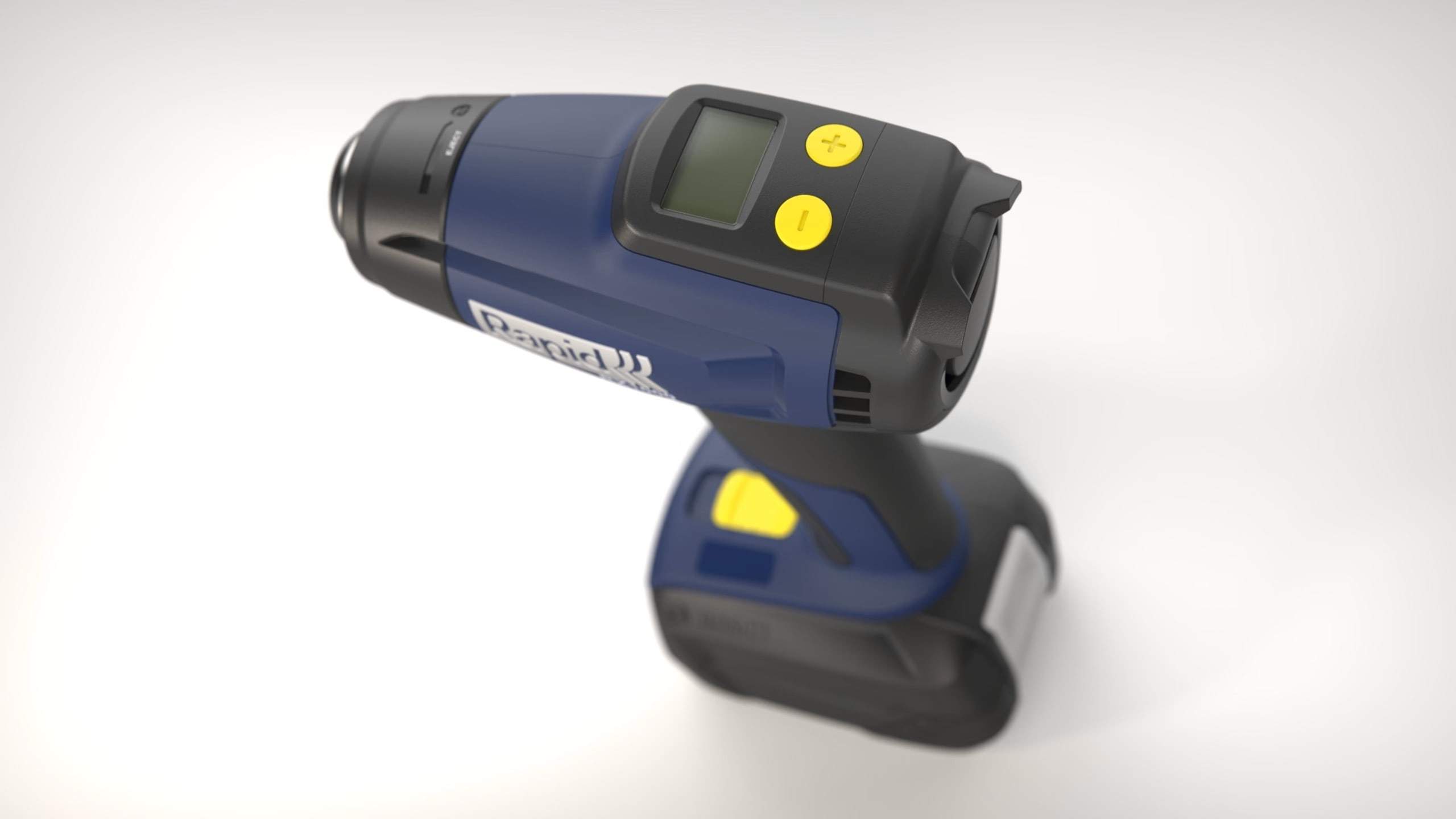 Rendering of a Rapid 18V tool from above with display and yellow buttons