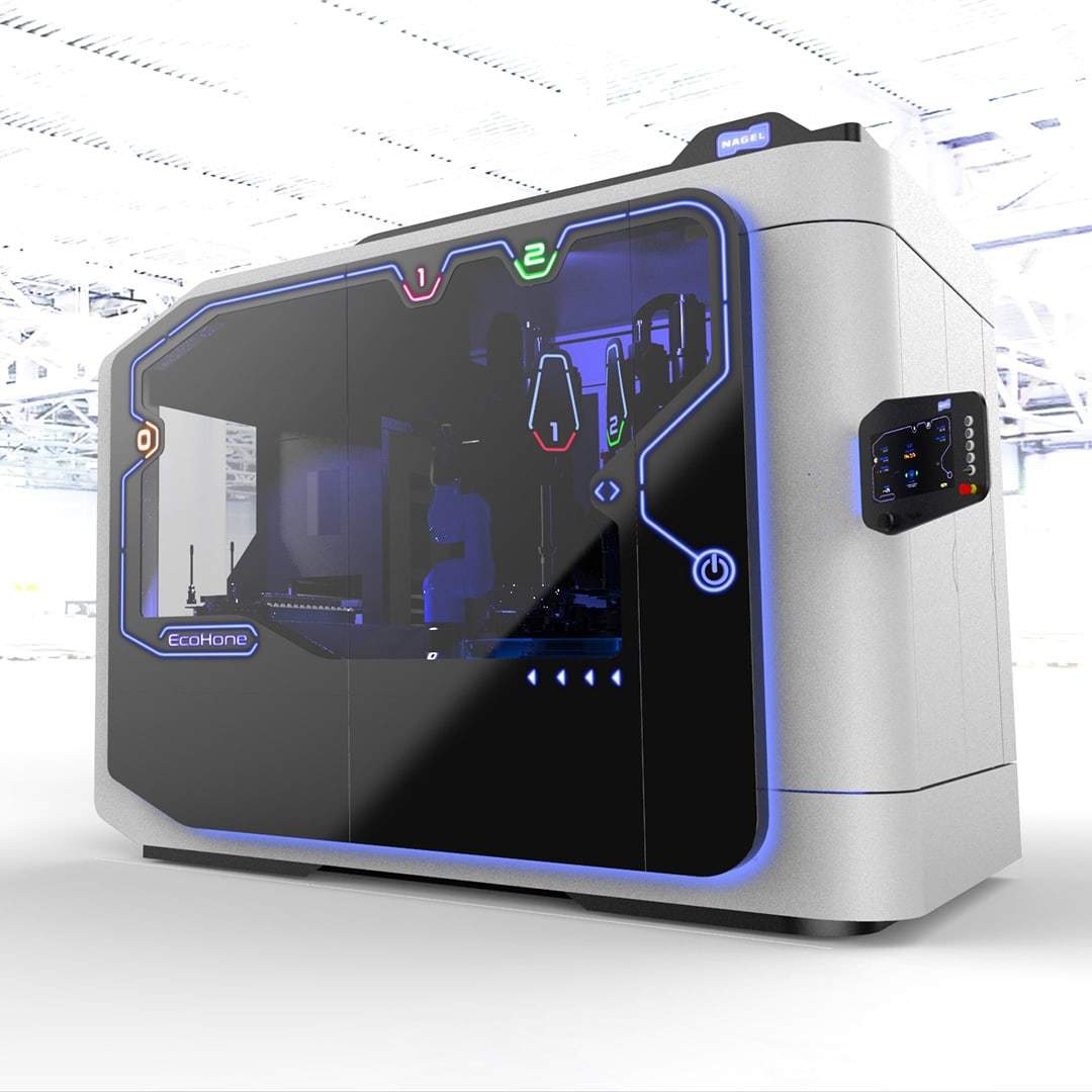 Rendering of the EcoHone machine with its clean-lined housing and illuminated interface in a studio setting