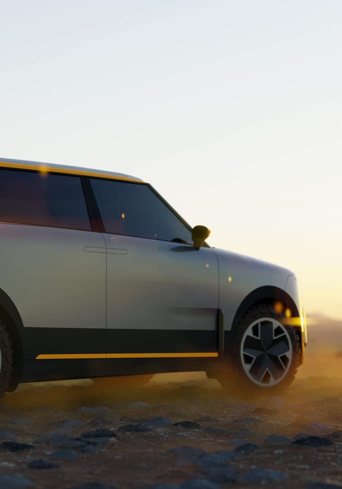 3D-Rendering des BASF Virtual Car in der Wüste bei Sonnenuntergang