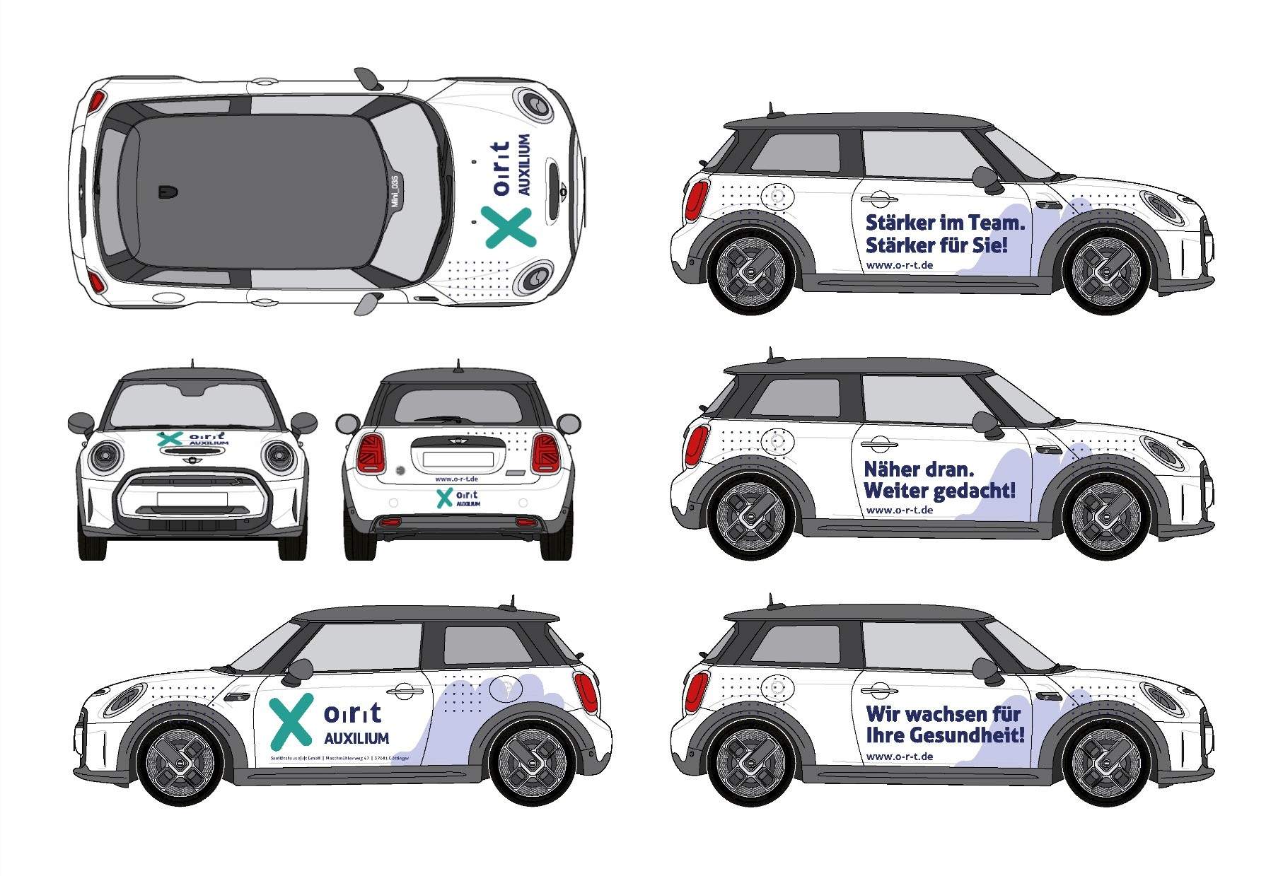 o|r|t vehicle livery on a Mini Cooper shown from several angles with different slogans