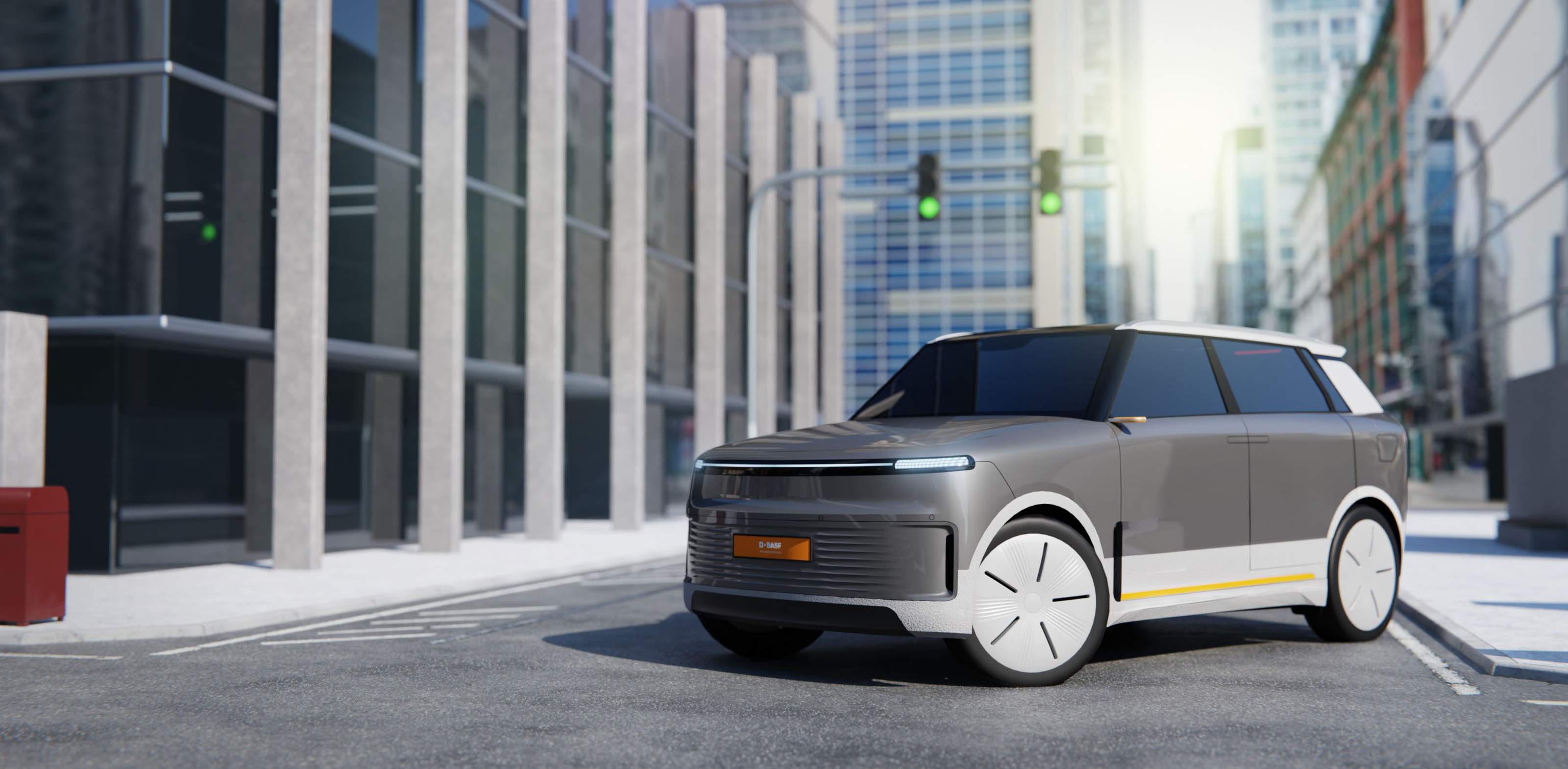 Rendering of the BASF Virtual Car from the front in an urban setting