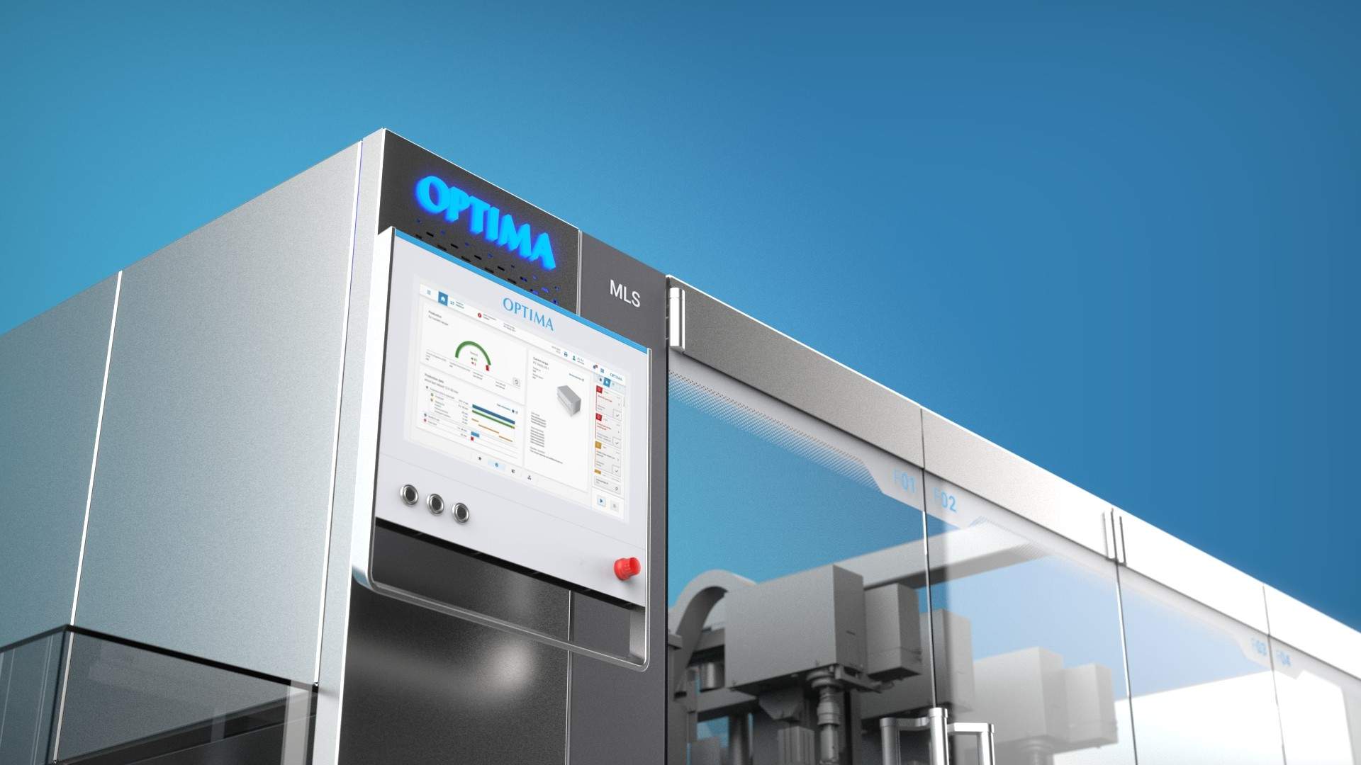 Abfüllanlage Moduline Smart von Optima mit Bedienterminal vor blauem Himmel