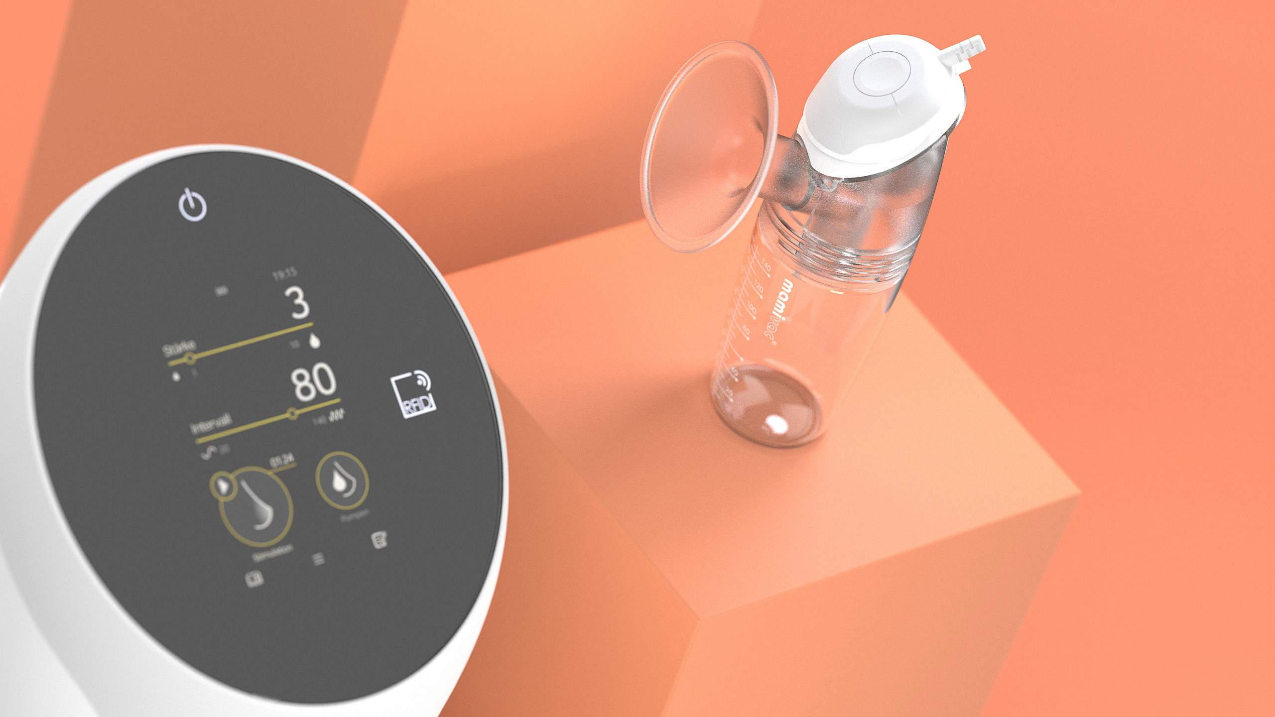 Display der Smarla und Milchbehälter auf orangefarbenem Grund