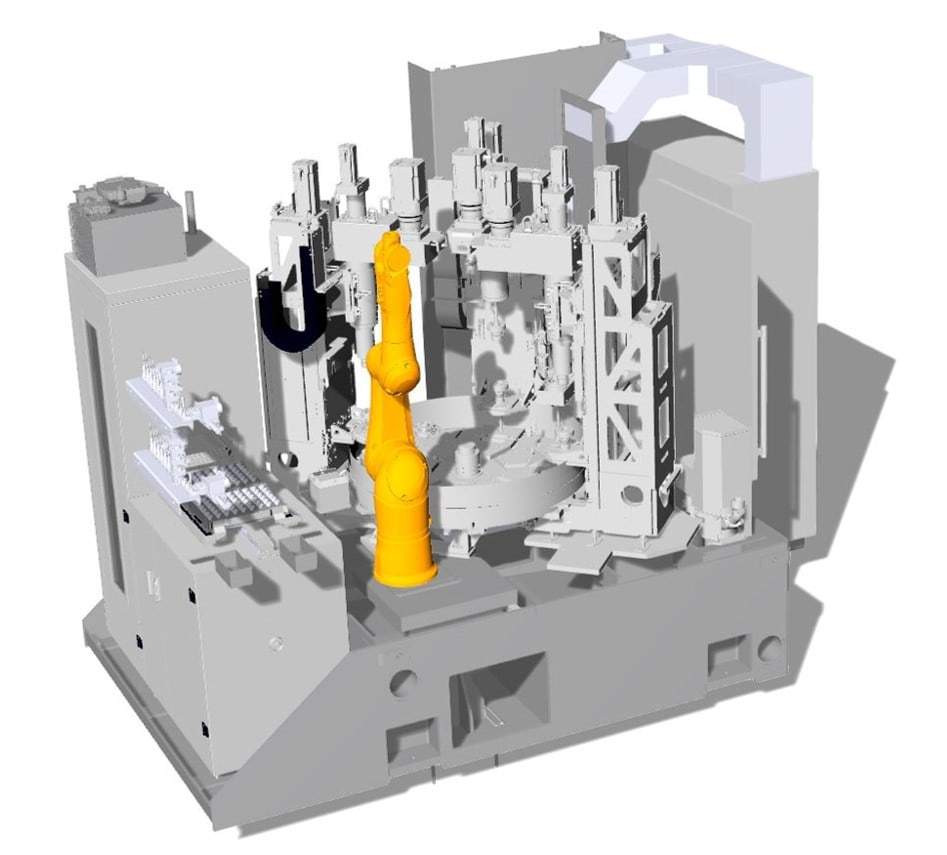 Technical CAD rendering of the mechanics and robot arm inside the EcoHone machine