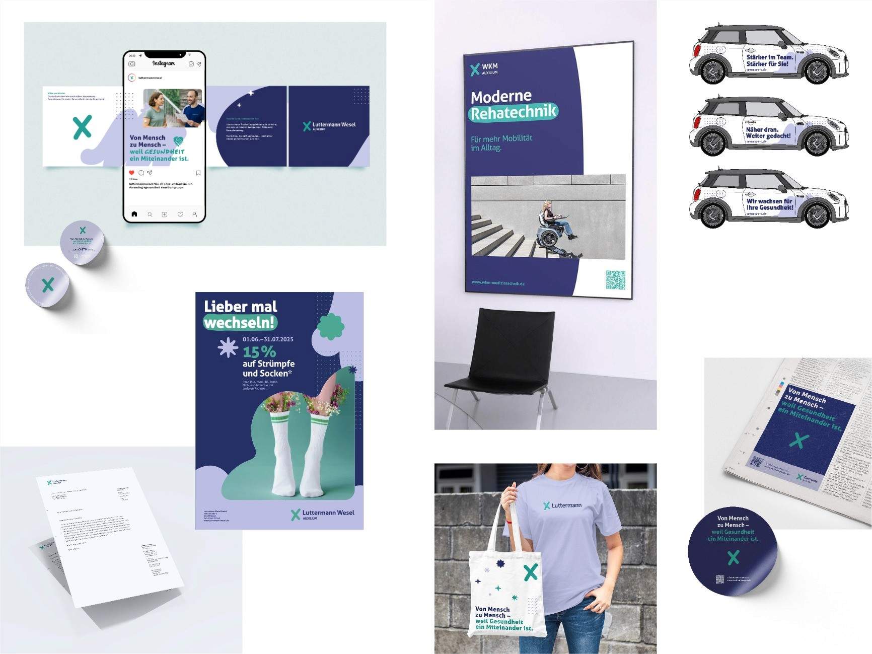Collage of Luttermann corporate design applications: social media post, posters, letterhead, vehicle livery, tote bag and stickers