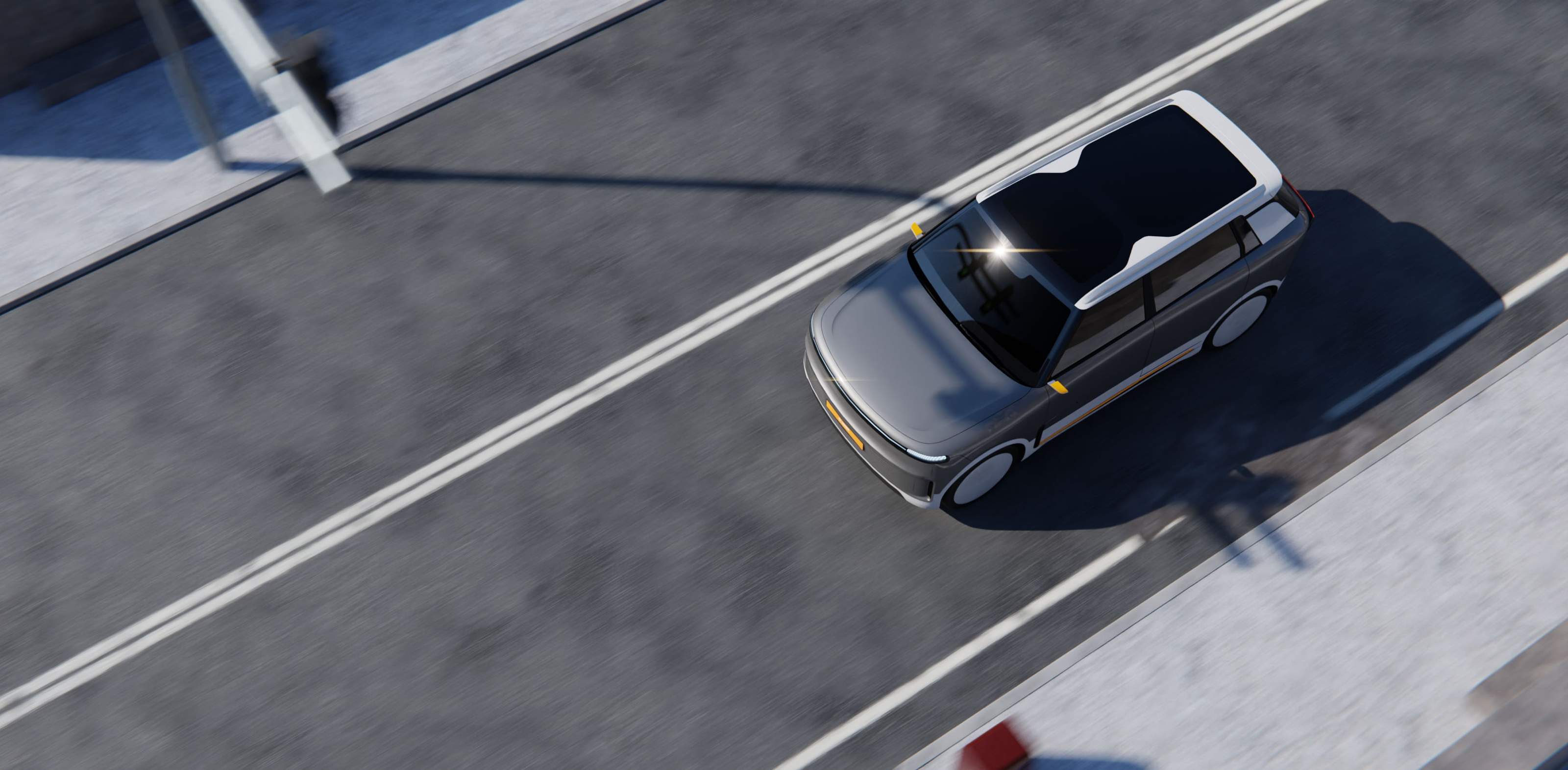 Bird's-eye view of the BASF Virtual Car driving on a city street