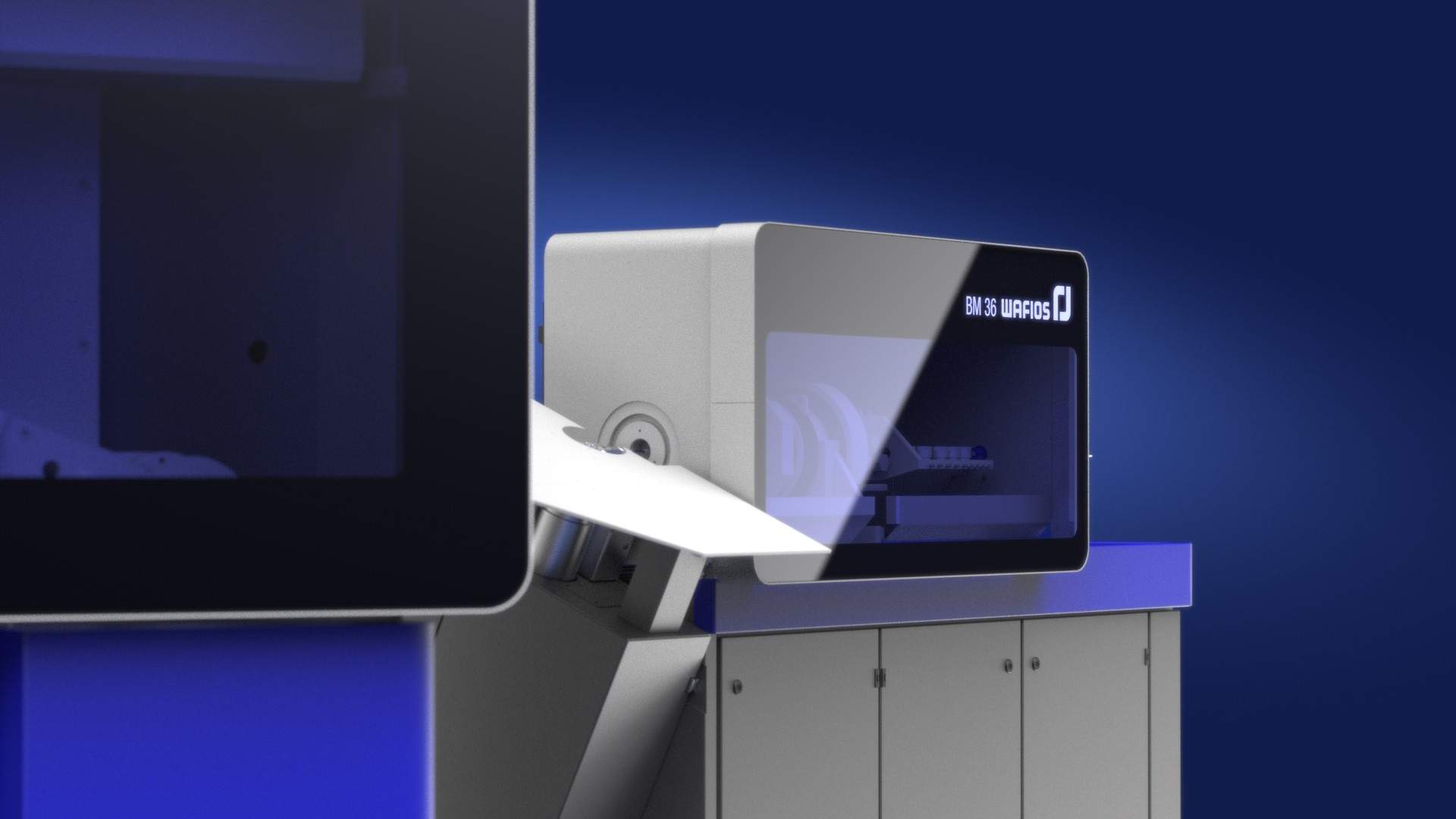 Detail einer Wafios-Biegemaschine mit Ausgabeschacht