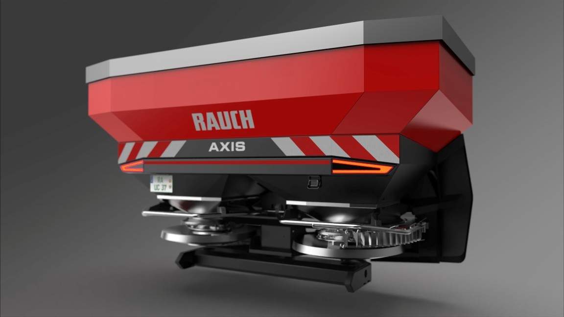 Rendering of the red AXIS 25 fertiliser spreader from a front angle