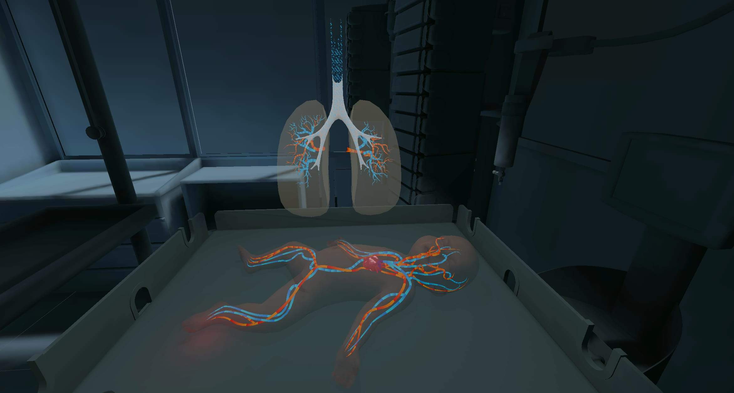 VR view: the lungs and blood circulation of an infant made visible above the patient bed