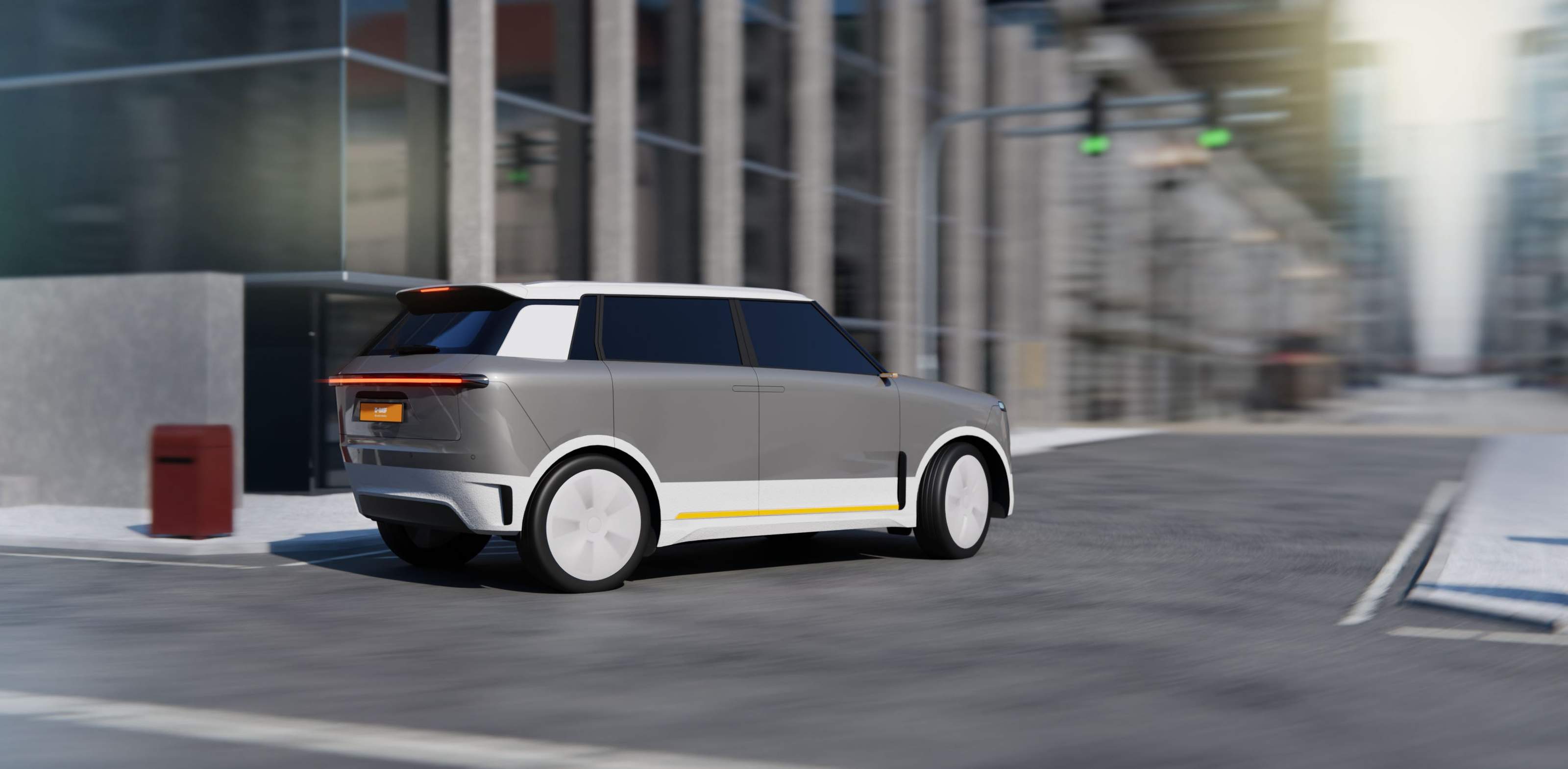 Rendering of the BASF Virtual Car from behind in an urban setting